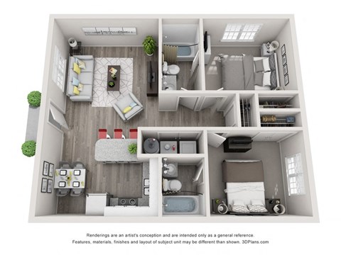 Floor plan for 2 beds, 2 baths, 884 sqft