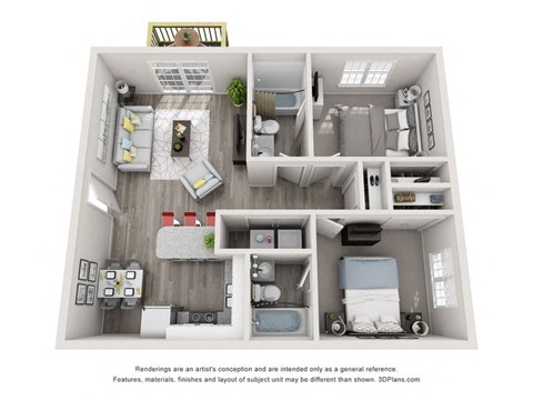 Floor plan for 2 beds, 2 baths, 884 sqft
