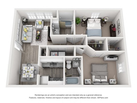 Floor plan for 2 beds, 2 baths, 884 sqft