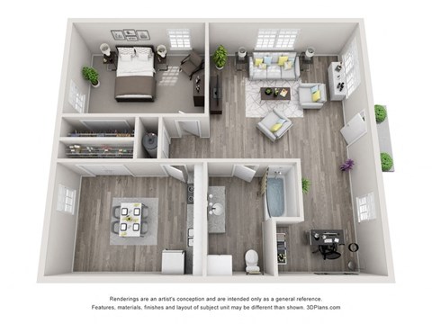 Floor plan for 1 bed, 1 bath, 884 sqft