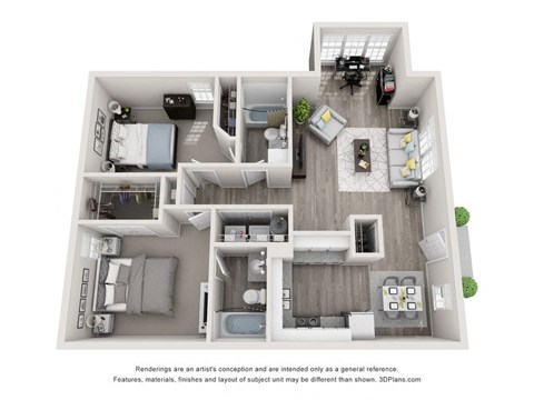 Floor plan for 2 beds, 2 baths, 1002 sqft