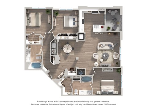 Floor plan for 3 beds, 2 baths, 1553 sqft