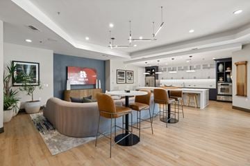 Irving apartment for rent - A modern living room with a grey sofa, a wooden dining table and chairs, and a kitchen area in the background.