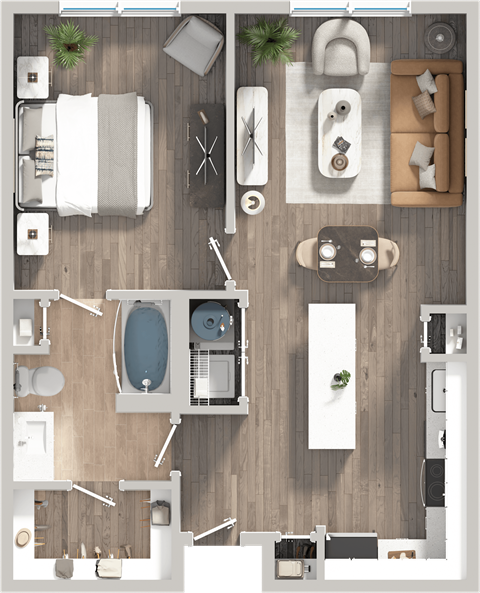Floor plan for 1 bed, 1 bath, 709 sqft