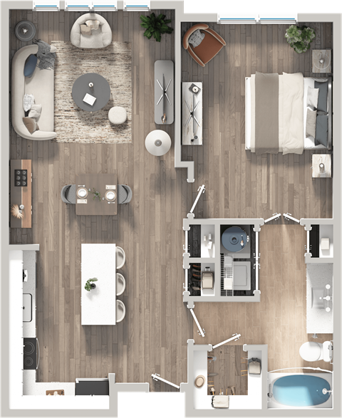 Floor plan for 1 bed, 1 bath, 808 sqft
