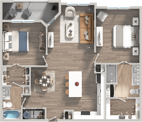 Floor plan for 2 beds, 2 baths, 1135 sqft