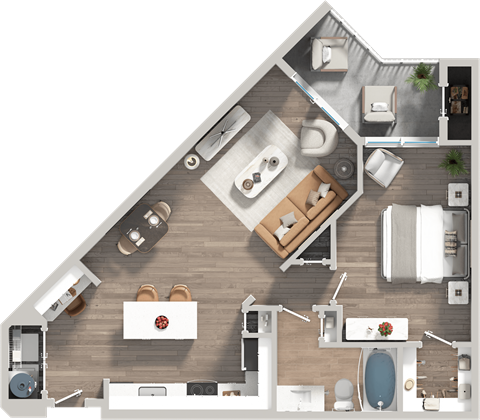Floor plan for 1 bed, 1 bath, 770 sqft