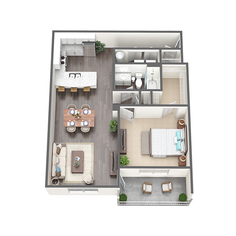 Floor plan for 1 bed, 1 bath, 905 sqft