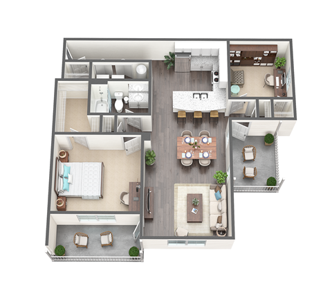Floor plan for 1 bed, 1 bath, 1057 sqft