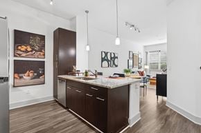Sandy Springs apartment for rent - A kitchen with dark wood floors and white walls.