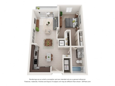 Floor plan for 1 bed, 1 bath, 758 sqft