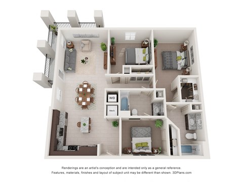 Floor plan for 3 beds, 2 baths, 1187 sqft