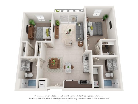 Floor plan for 2 beds, 2 baths, 1115 sqft