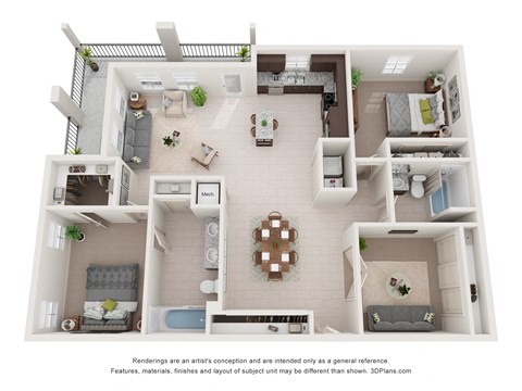 Floor plan for 3 beds, 2 baths, 1413 sqft