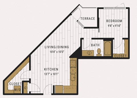 Floor plan for 1 bed, 1 bath, 704 sqft