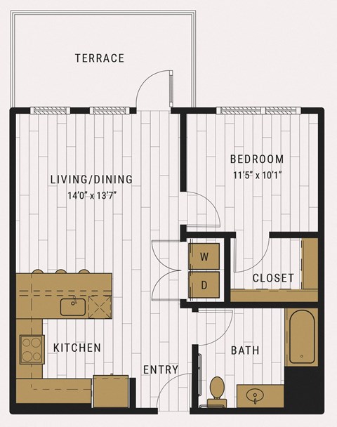 Floor plan for 1 bed, 1 bath, 725 sqft