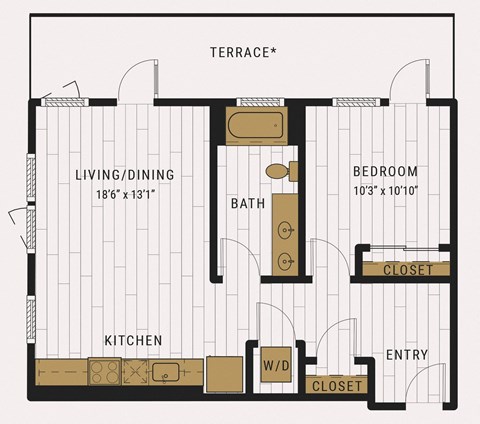 Floor plan for 1 bed, 1 bath, 728 sqft