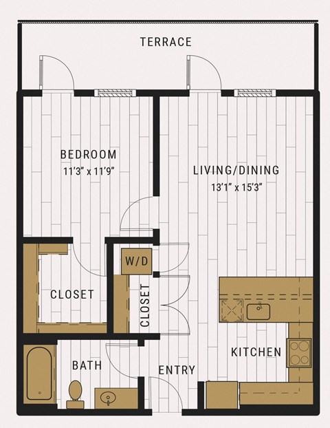 Floor plan for 1 bed, 1 bath, 727 sqft