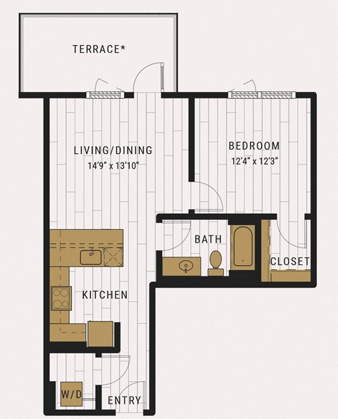 Floor plan for 1 bed, 1 bath, 739 sqft