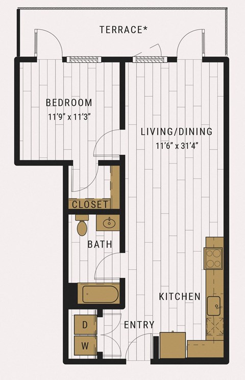 Floor plan for 1 bed, 1 bath, 744 sqft