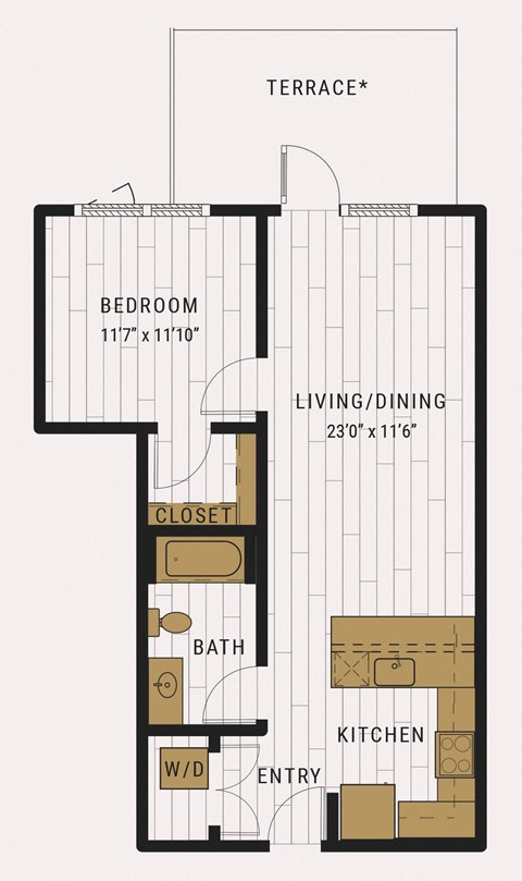 Floor plan for 1 bed, 1 bath, 734 sqft