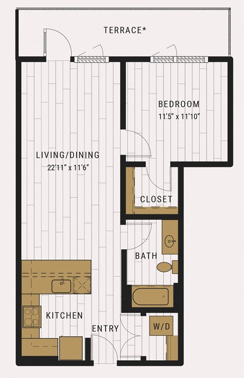 Floor plan for 1 bed, 1 bath, 745 sqft