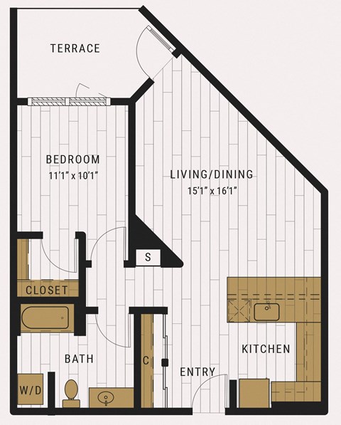 Floor plan for 1 bed, 1 bath, 752 sqft