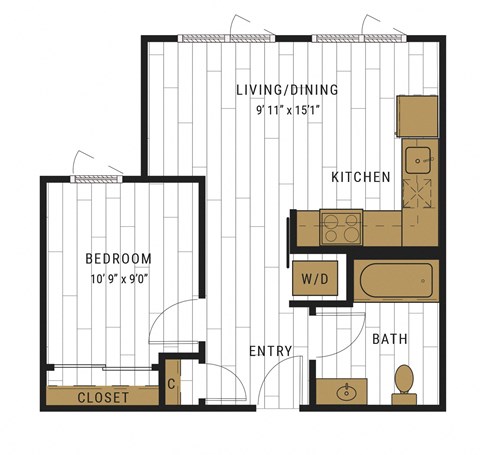 Floor plan for 1 bed, 1 bath, 499 sqft