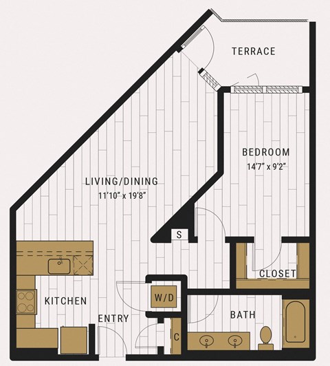 Floor plan for 1 bed, 1 bath, 809 sqft
