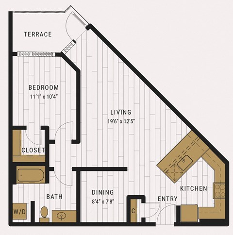 Floor plan for 1 bed, 1 bath, 846 sqft