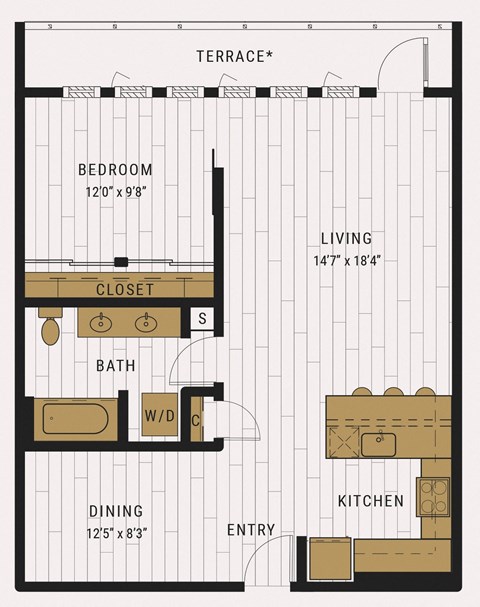 Floor plan for 1 bed, 1 bath, 866 sqft
