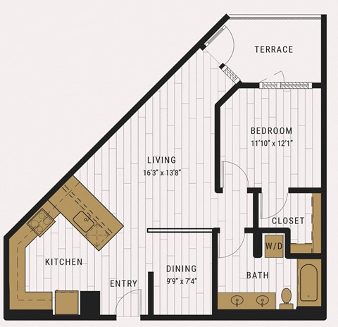 Floor plan for 1 bed, 1 bath, 910 sqft