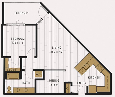 Floor plan for 1 bed, 1 bath, 911 sqft