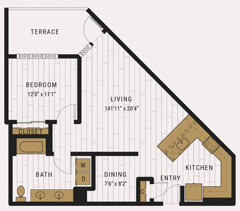 Floor plan for 1 bed, 1 bath, 926 sqft