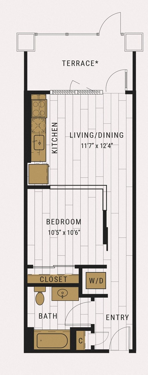 Floor plan for 1 bed, 1 bath, 541 sqft