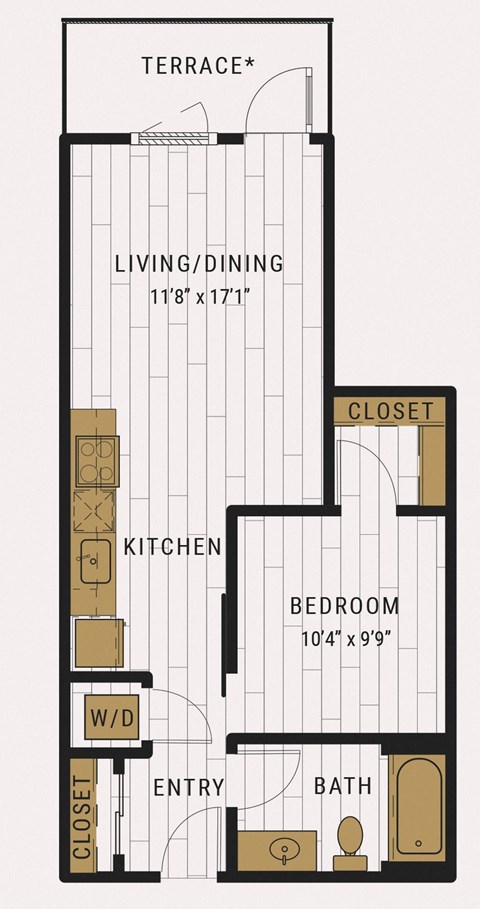 Floor plan for 1 bed, 1 bath, 582 sqft