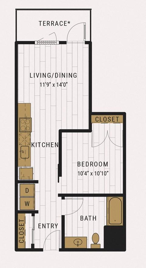 Floor plan for 1 bed, 1 bath, 583 sqft