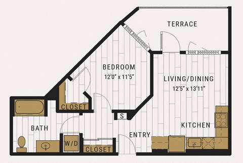 Floor plan for 1 bed, 1 bath, 594 sqft