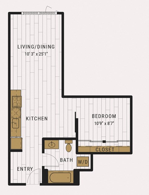 Floor plan for 1 bed, 1 bath, 590 sqft