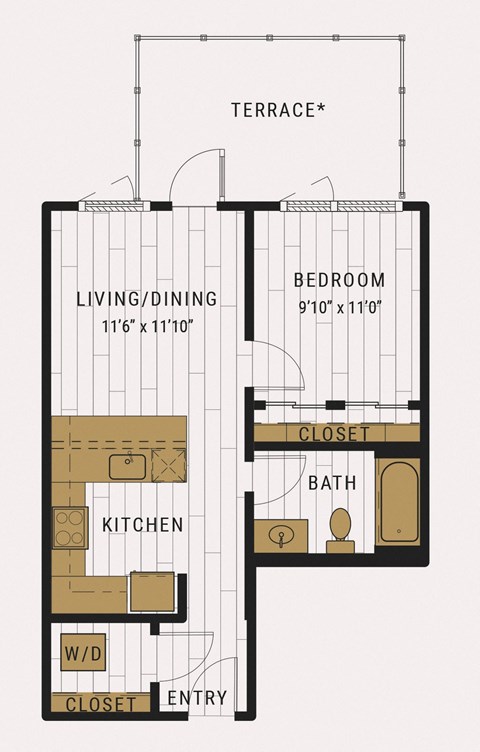 Floor plan for 1 bed, 1 bath, 594 sqft