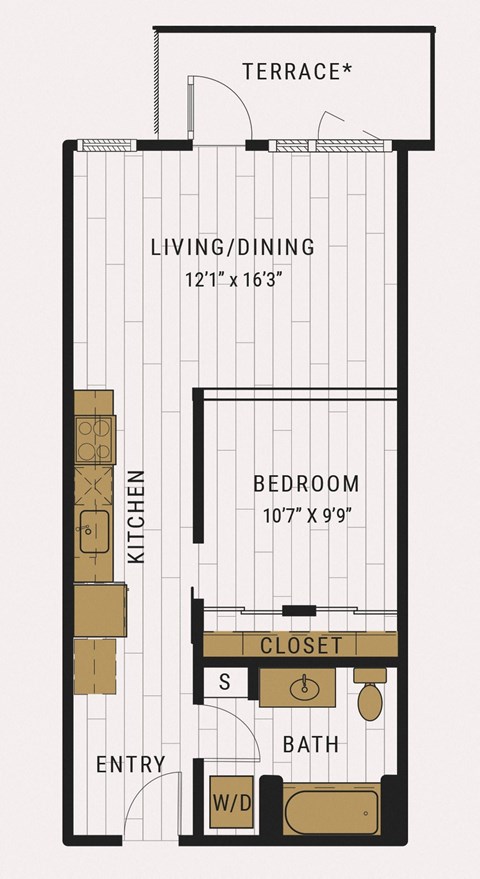 Floor plan for 1 bed, 1 bath, 612 sqft