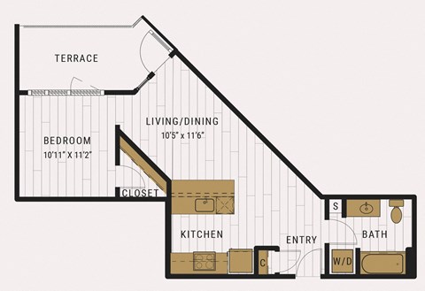 Floor plan for 1 bed, 1 bath, 633 sqft