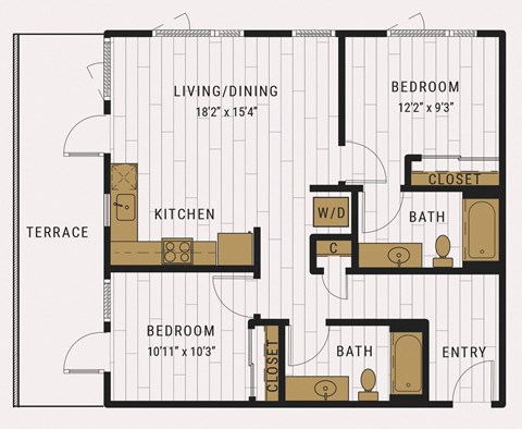Floor plan for 2 beds, 2 baths, 963 sqft