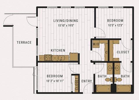 Floor plan for 2 beds, 2 baths, 1017 sqft