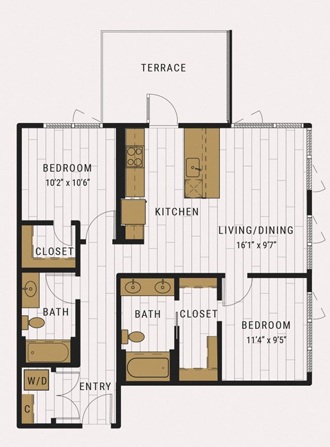 Floor plan for 2 beds, 2 baths, 1050 sqft