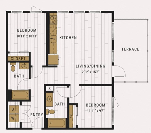 Floor plan for 2 beds, 2 baths, 1067 sqft
