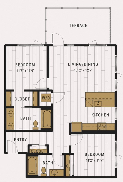 Floor plan for 2 beds, 2 baths, 1129 sqft