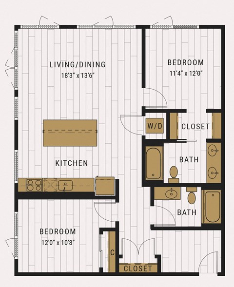 Floor plan for 2 beds, 2 baths, 1181 sqft