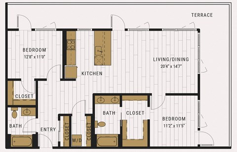 Floor plan for 2 beds, 2 baths, 1281 sqft