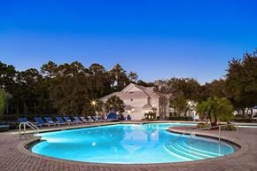 Jacksonville apartment for rent - A swimming pool surrounded by trees and lounge chairs.